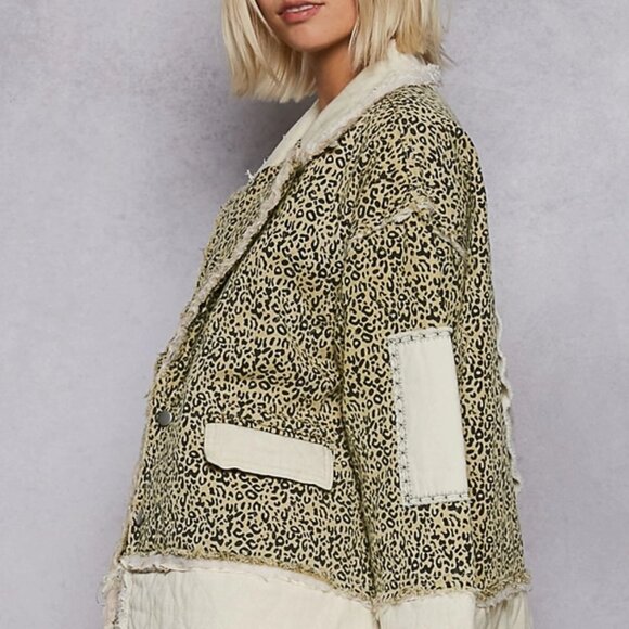 POL Colorblocked Twill Patch Studded Back Heart Jacket- Leopard - Picture 3 of 3